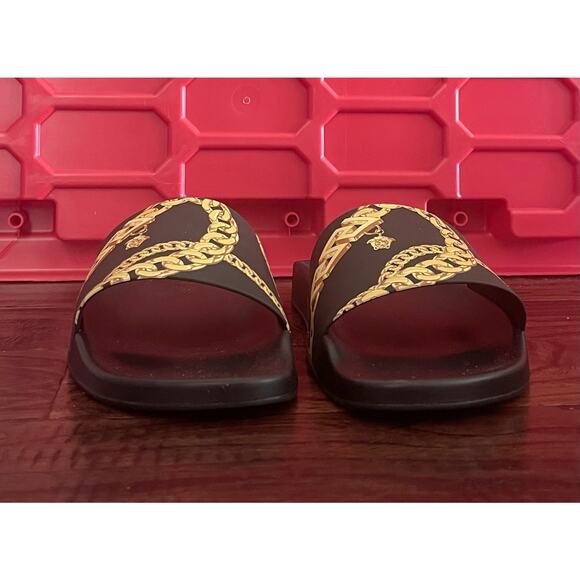 NIB Versace La Greca Chain Slide Sandal Black Slides Rubber Shoes Size 47/13